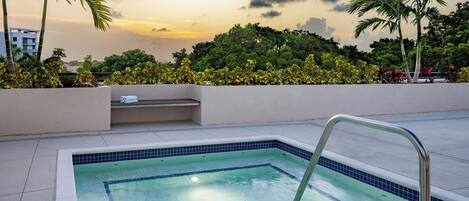 A swimming pool with a metal ladder, surrounded by a low wall and lush greenery.