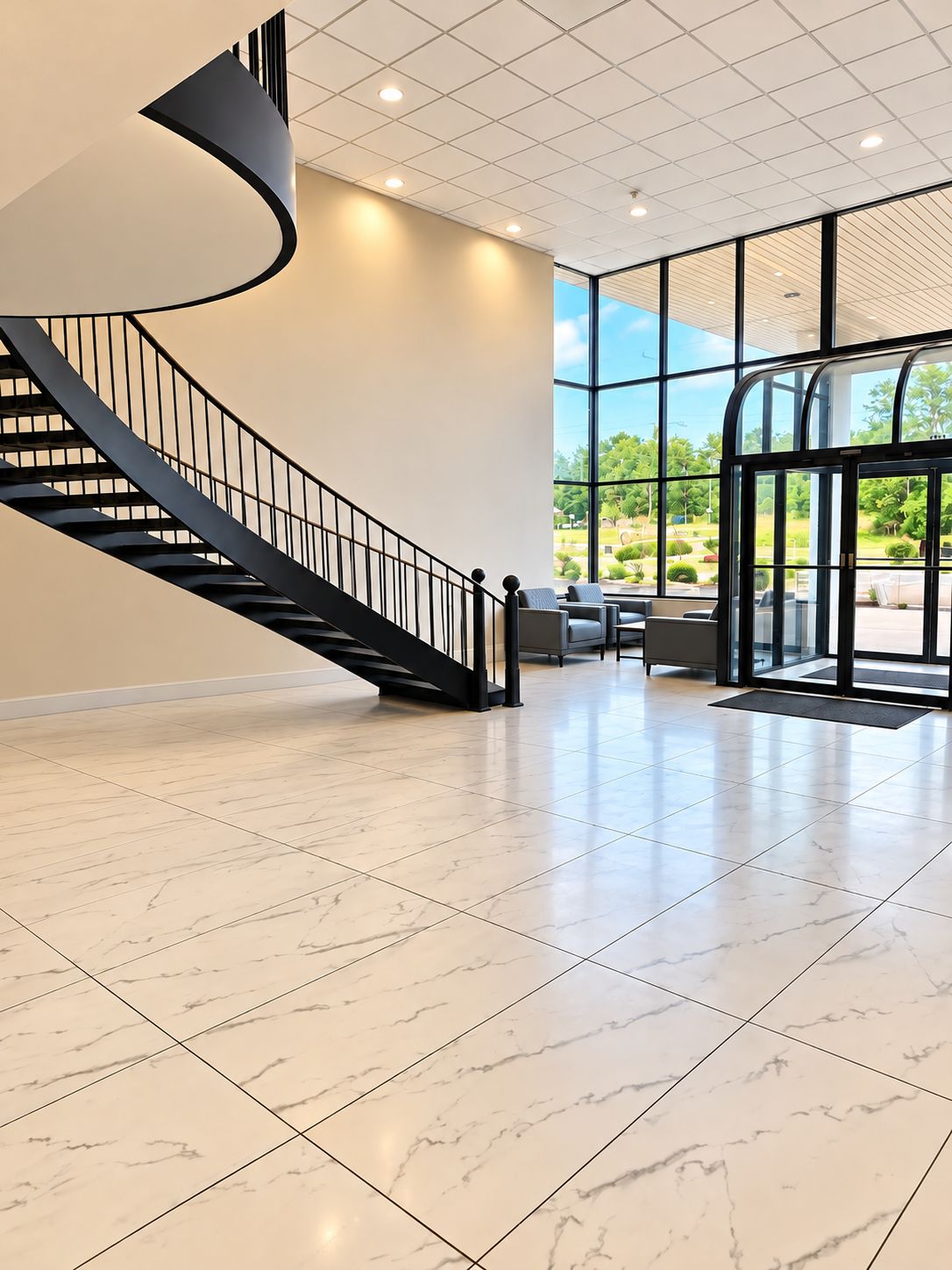 A spacious lobby with a curved black staircase, a large glass entrance, and a view of greenery outside.