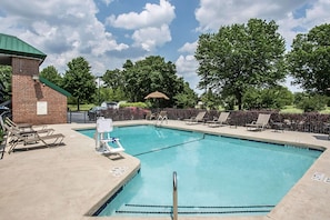 Seasonal outdoor pool, open 9 AM to 9 PM, pool umbrellas, sun loungers