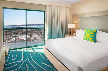 Hotel room view looking out at Embassy Suites by Hilton San Diego Bay Downtown
