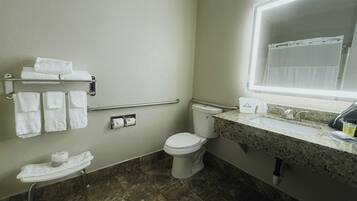 Un baño con inodoro, lavamanos, toallero y espejo.