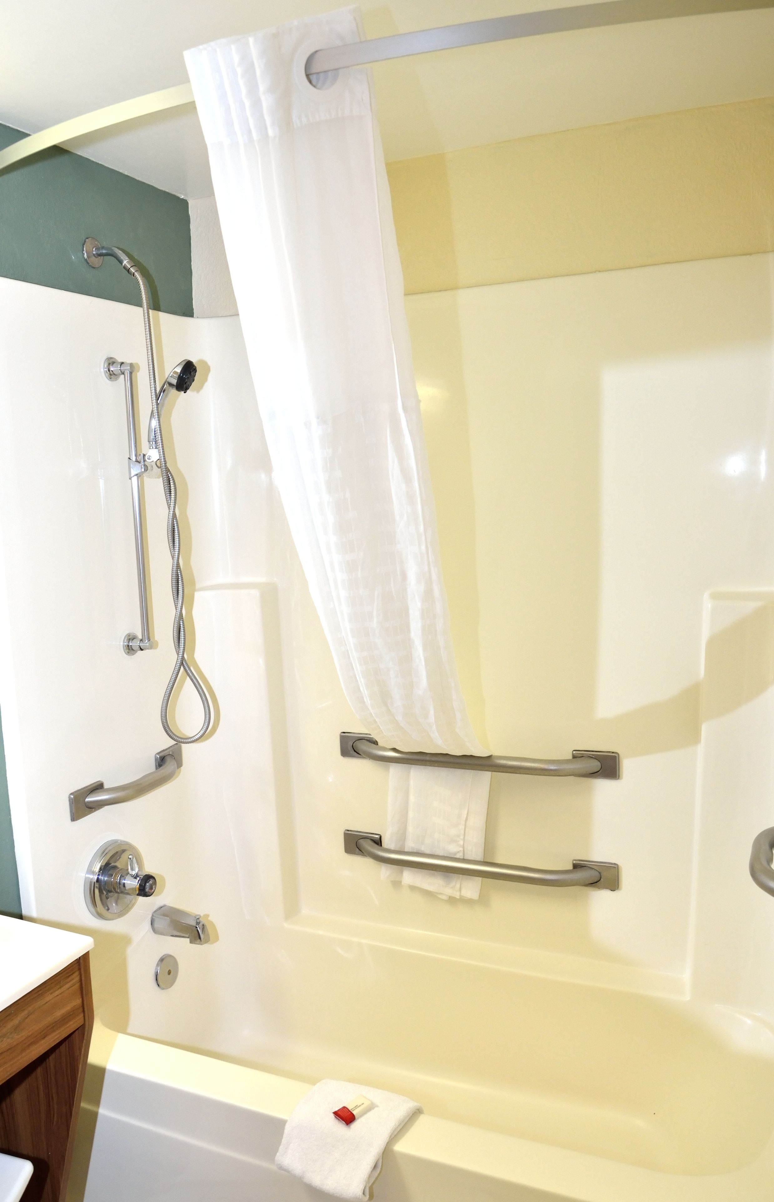 A bathroom with a bathtub, a shower with a grab bar, and a towel rack.