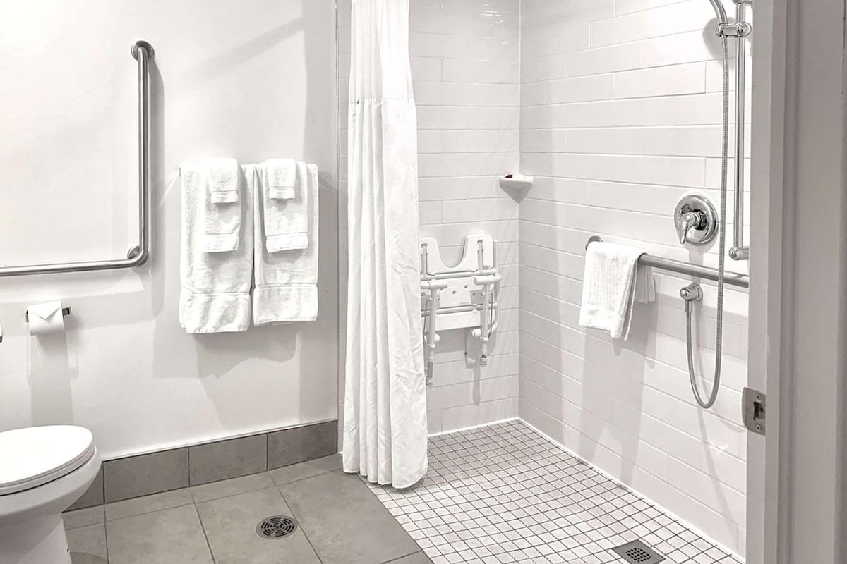 A modern bathroom with a shower, toilet, and handrails.