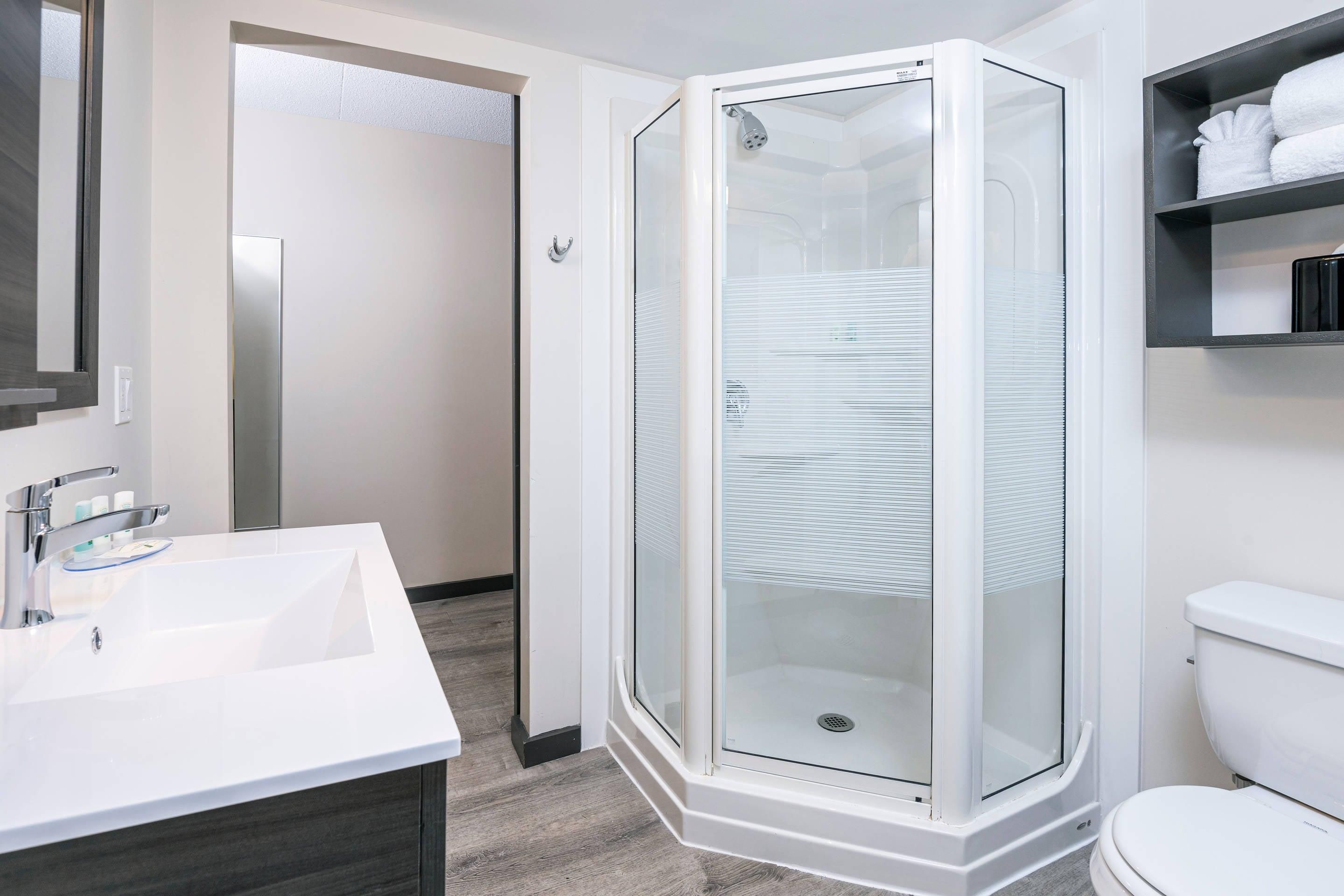 A modern bathroom with a glass-enclosed shower, a white sink, and a toilet.