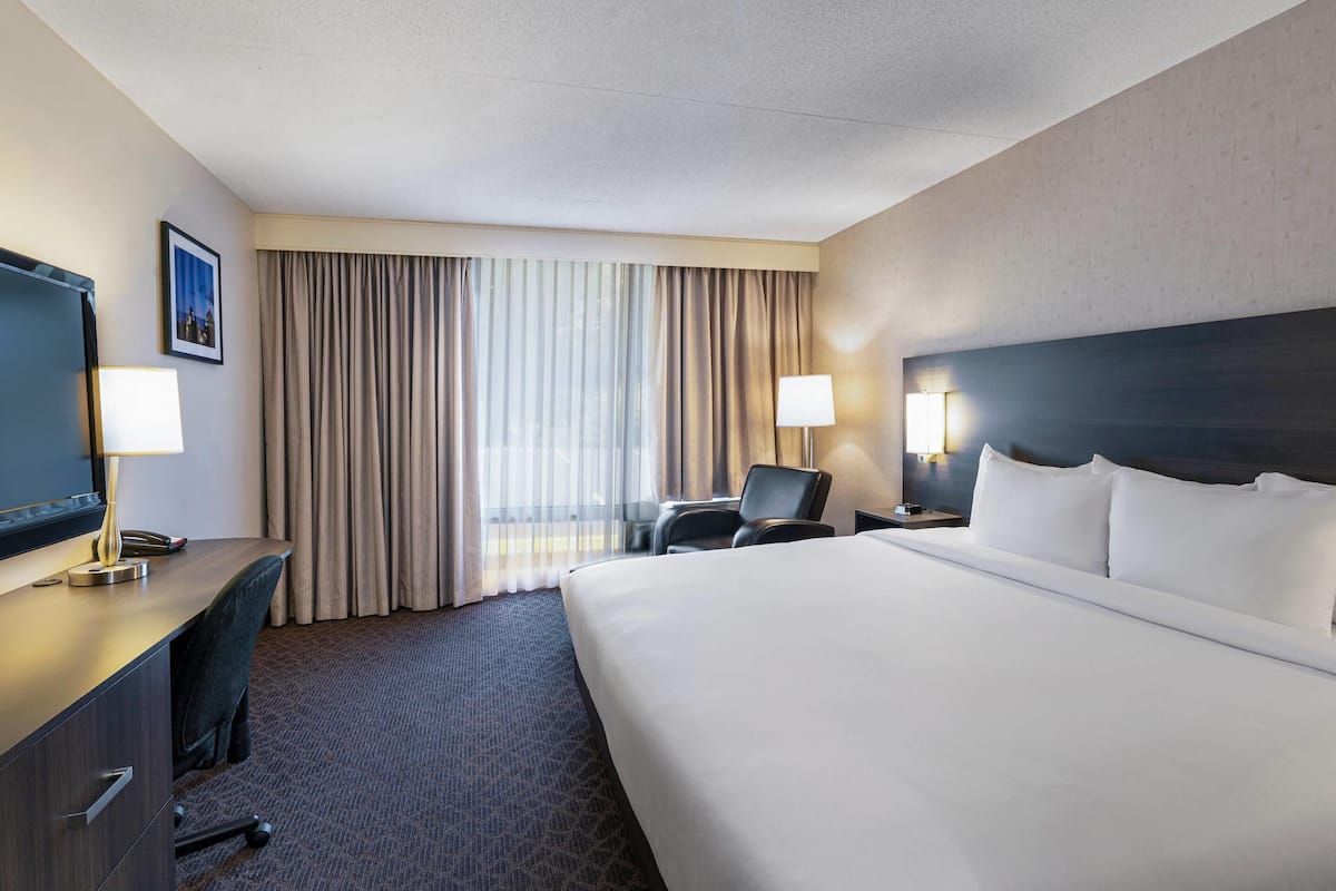 A hotel room with a large bed, a desk with a lamp, a chair, and a television.