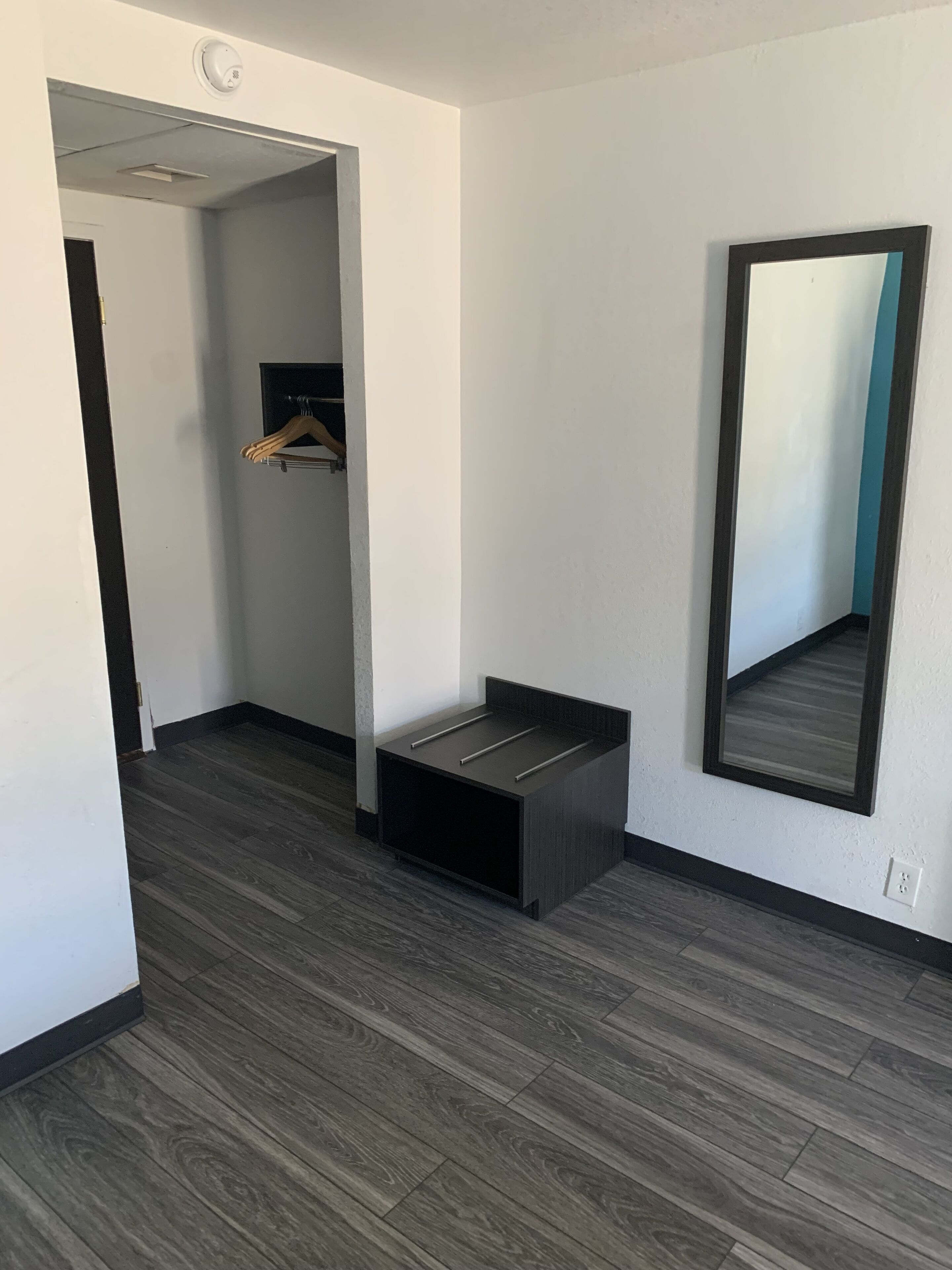 Une pièce dotée d’un plancher en bois, d’un meuble de rangement noir, d’un miroir et d’une porte donnant sur une autre pièce.