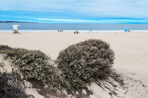 A beach with a lifeguard tower, people in the distance, and dense shrubbery in the foreground.