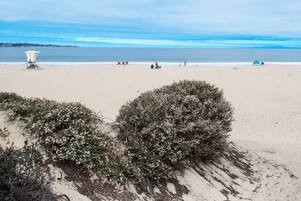 Una playa con una torre de salvavidas, gente a lo lejos y una densa vegetación en primer plano.