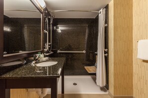 Bathroom features a sink, mirror, handheld showerhead, and glass-enclosed shower area.