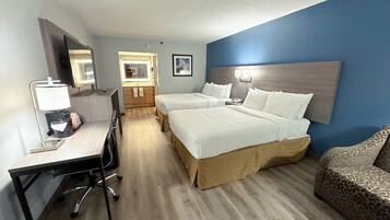 Room, 2 Double Beds, Non Smoking | Desk, laptop workspace, blackout drapes, iron/ironing board