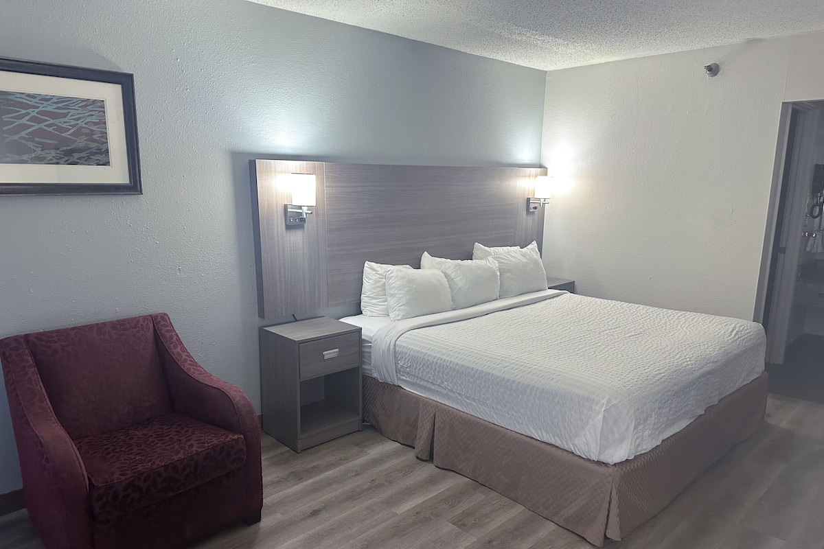 Room, 1 King Bed, Non Smoking | Desk, laptop workspace, blackout drapes, iron/ironing board