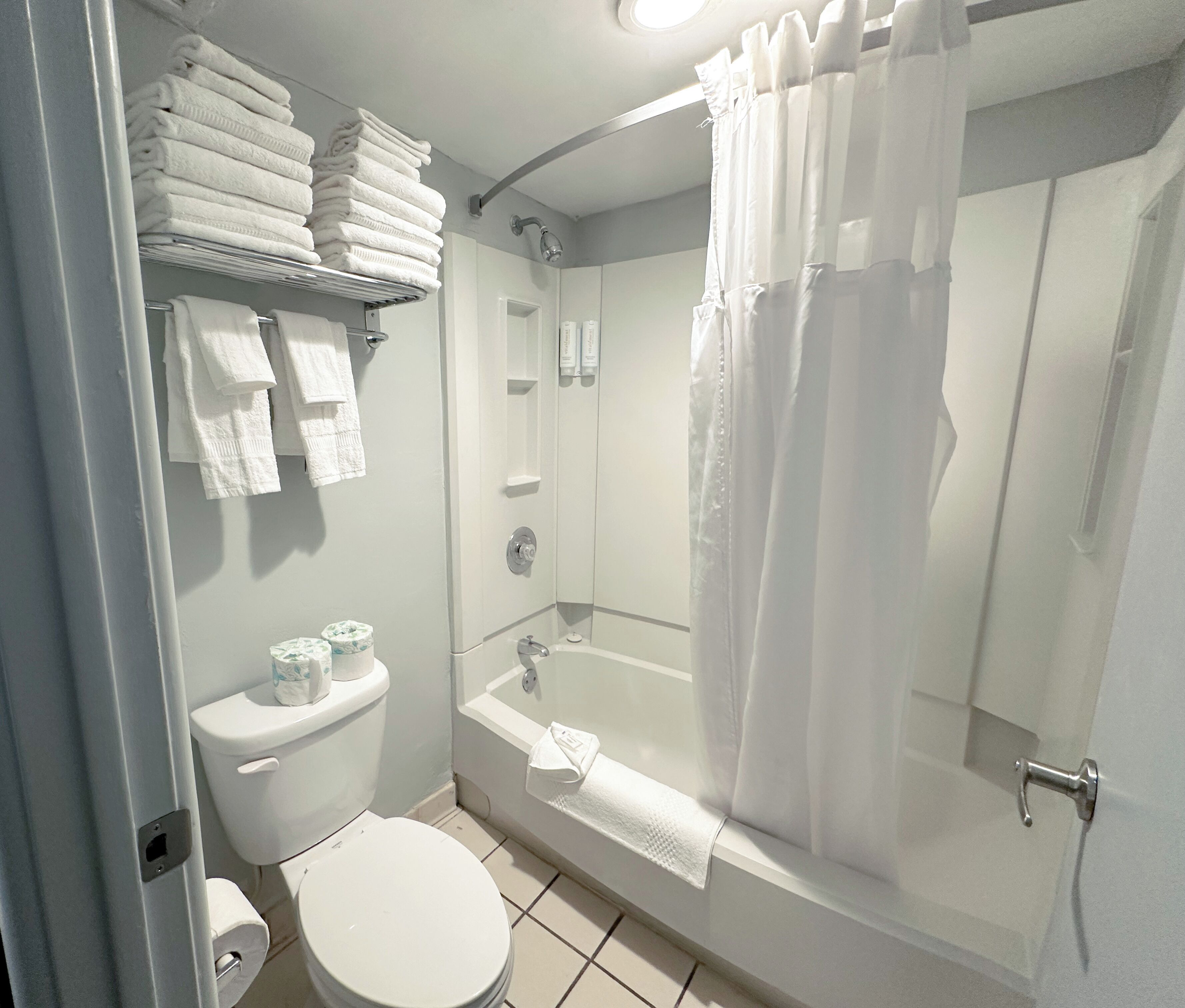 Bañera con ducha, artículos de tocador ecológicos, secador de pelo