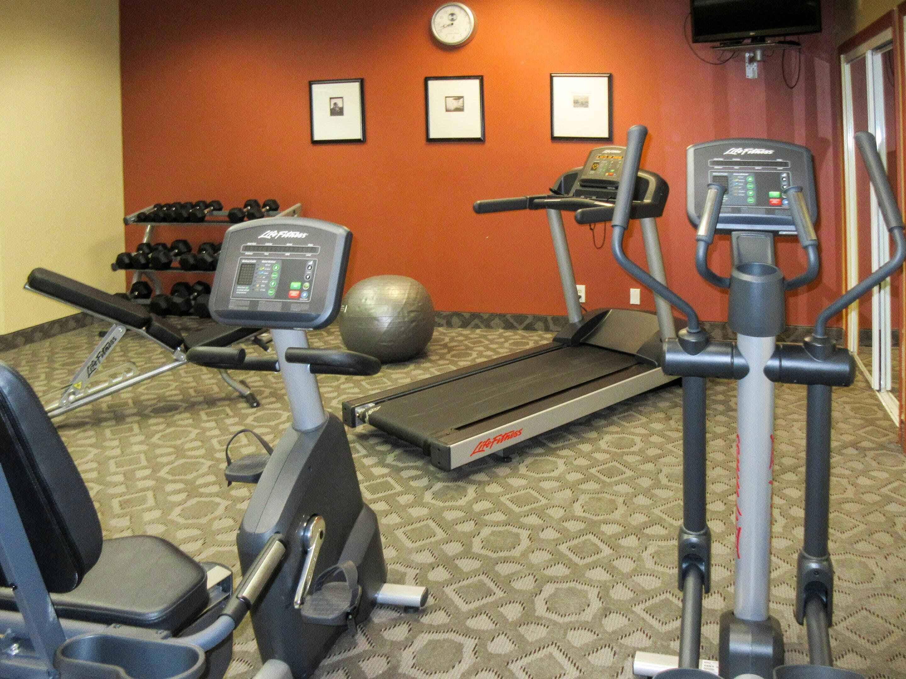 A gym with treadmills, an elliptical, dumbbells, and a medicine ball.