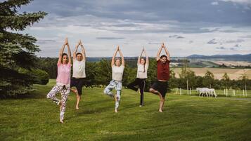 A group of people performing a yoga pose on a grassy field with a scenic landscape in the background.