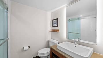 Een moderne badkamer met toilet, wastafel en douchecabine met glazen wanden.
