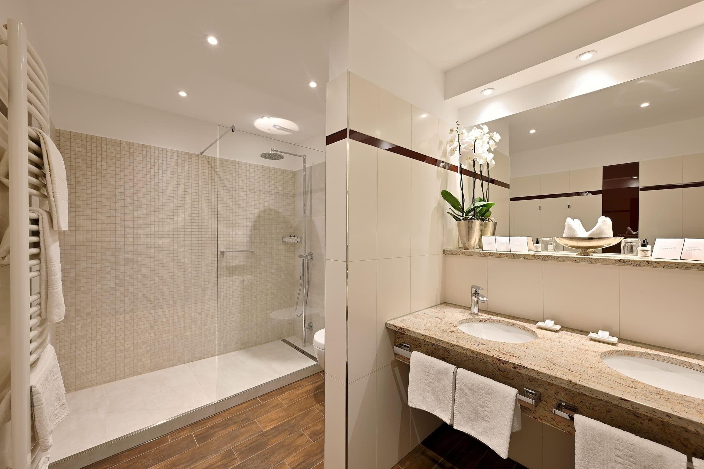 junior suite double room | bathroom | shower, eco-friendly toiletries, hair dryer, bathrobes