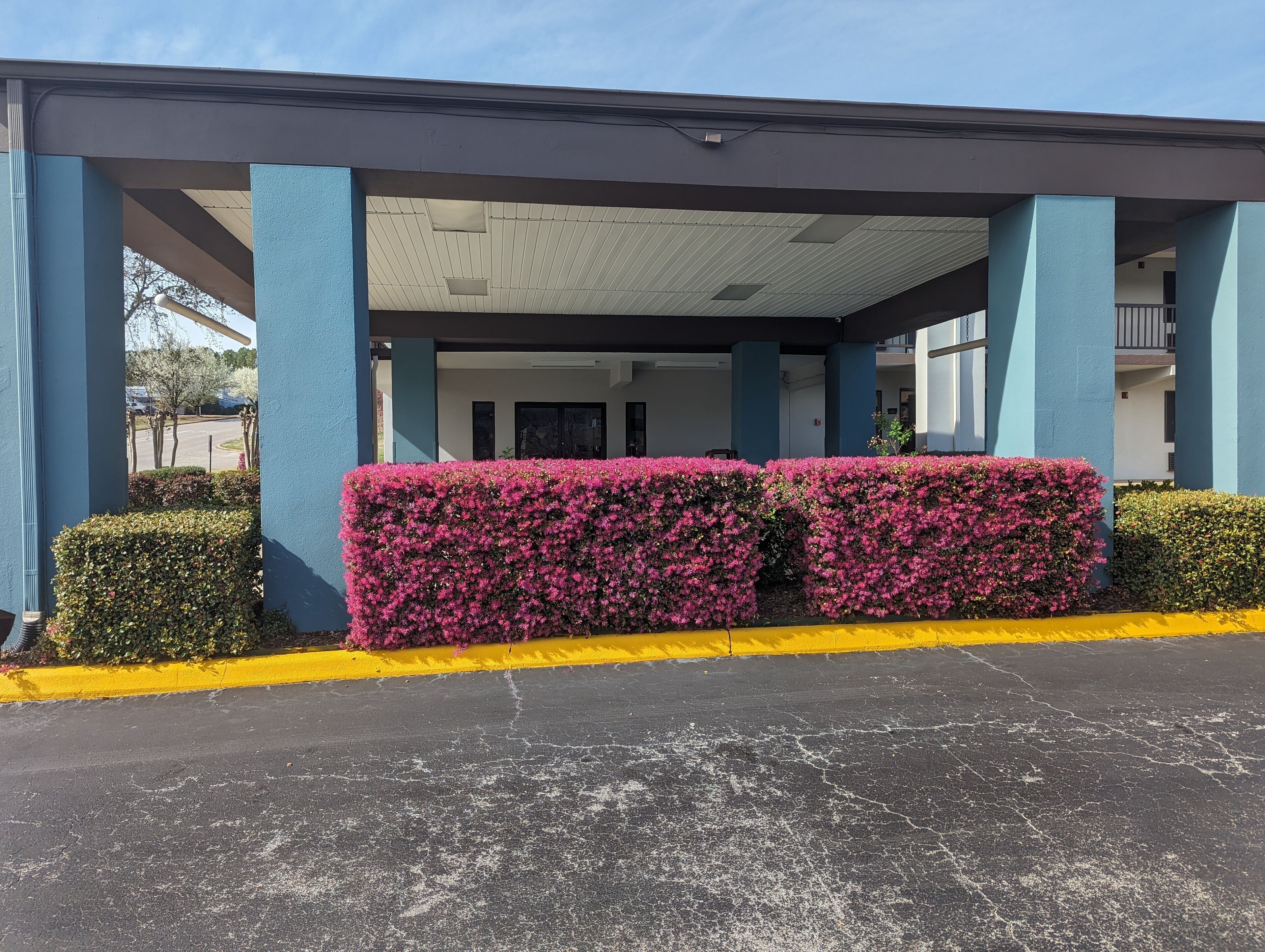 A building with a covered entrance, blue pillars, and a yellow curb.