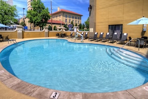 Seasonal outdoor pool, pool umbrellas, sun loungers