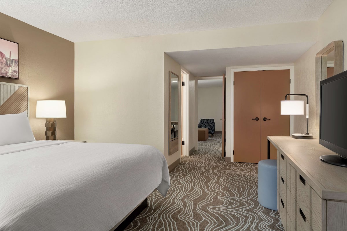 A hotel room with a large bed, a TV, a desk with a lamp, and a patterned carpet.