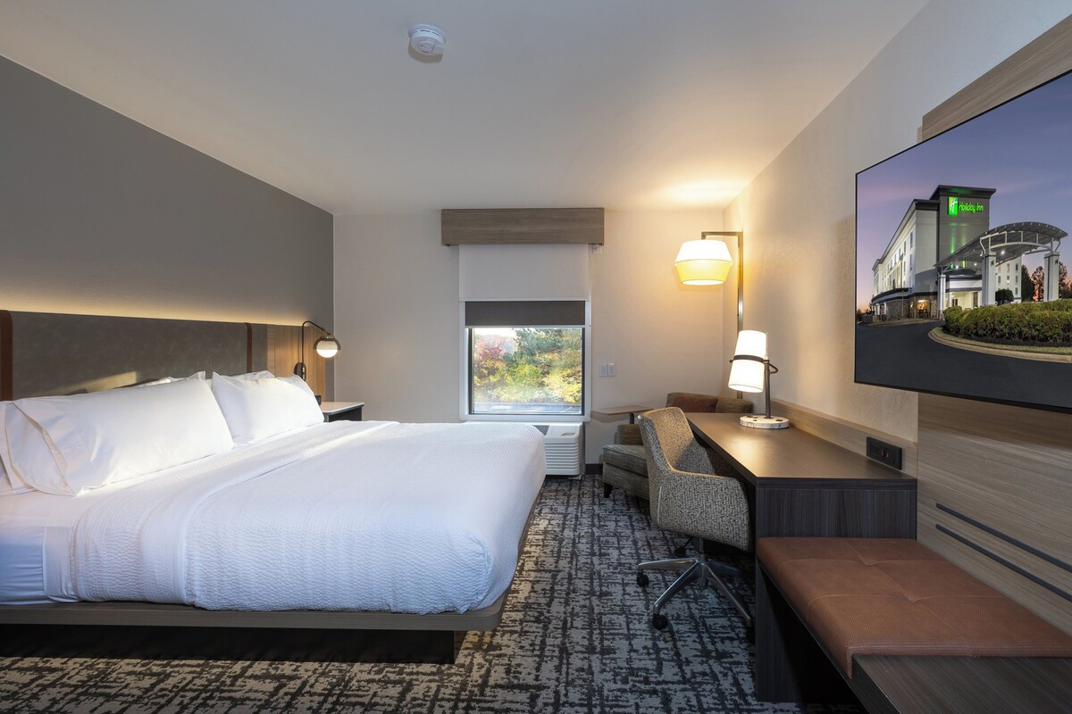 A hotel room with a large bed, a desk, a chair, a TV, and a window with a view of trees.