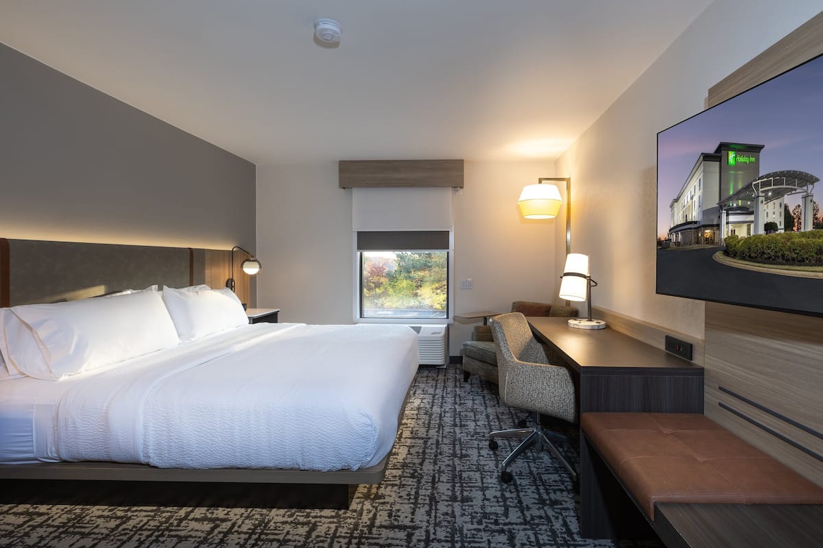 A hotel room with a large bed, a desk, a chair, a TV, and a window with a view of trees.