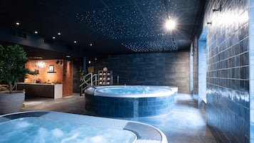 Sauna, hot tub, steam room, body treatments, facials