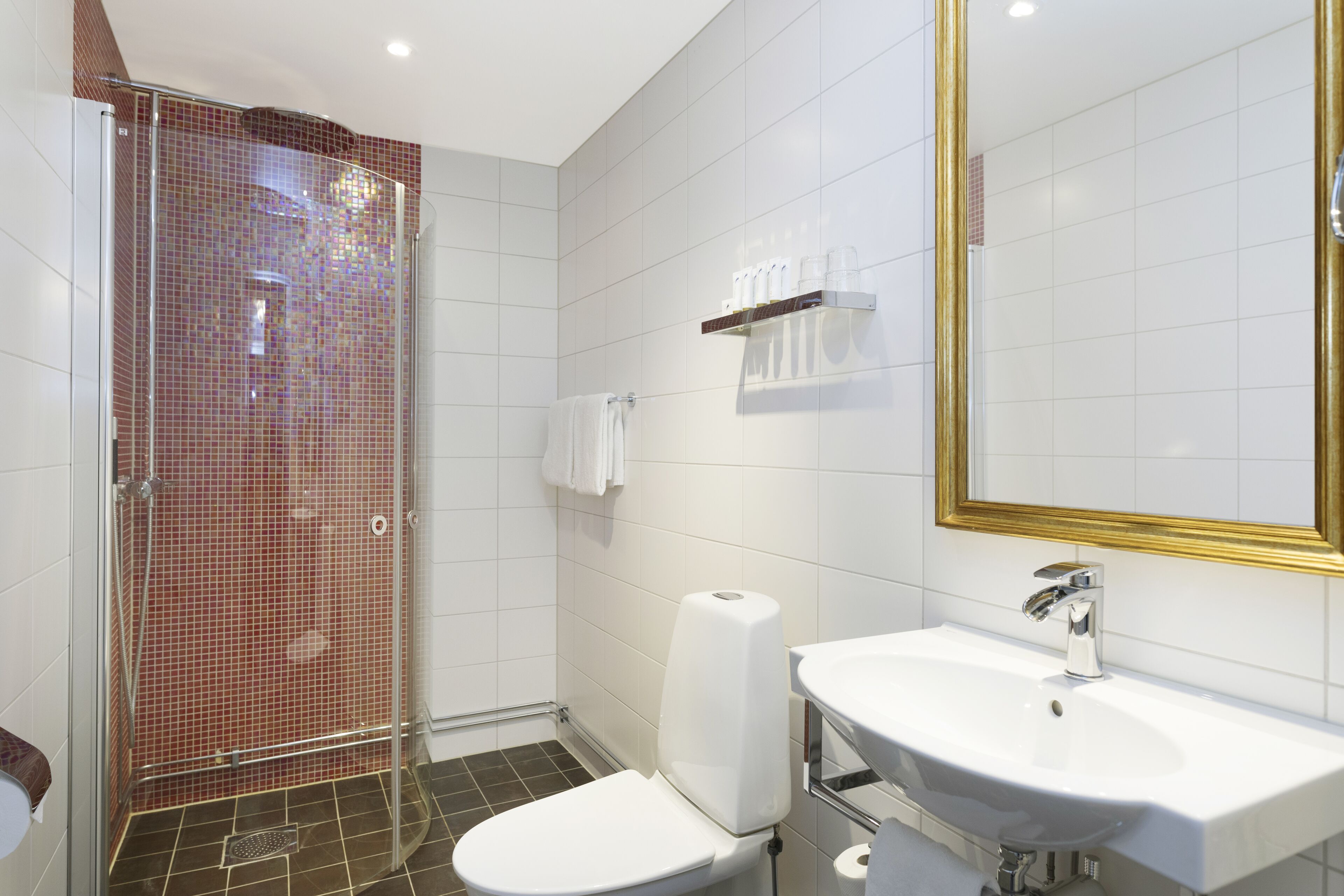 A modern bathroom with a glass shower enclosure, white toilet, and a large mirror with a gold frame.