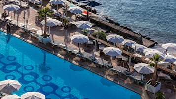 Seasonal outdoor pool, open 9:00 AM to 7:00 PM, pool umbrellas