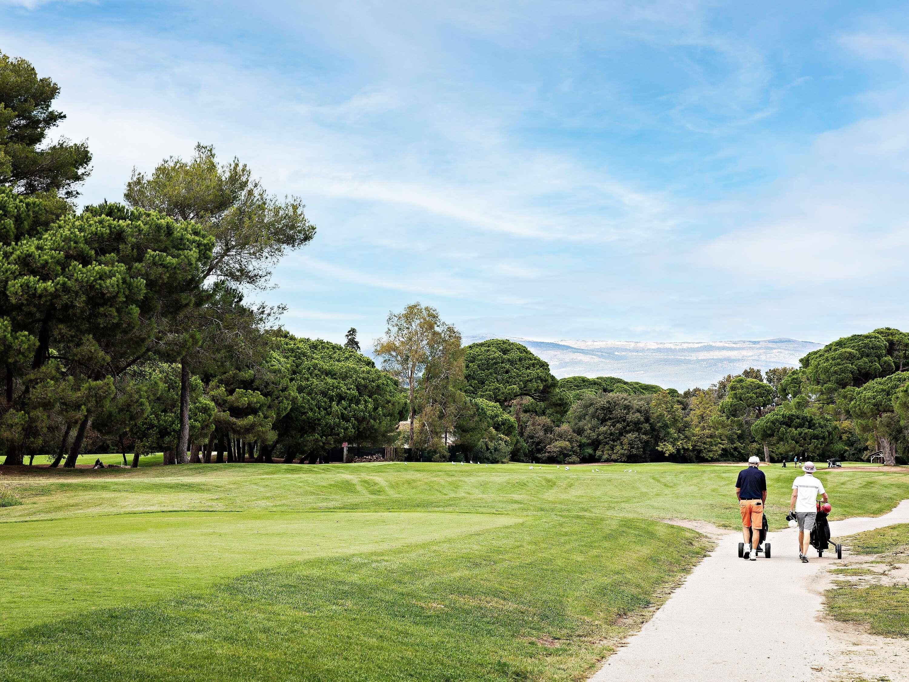 A pathway through a park with trees and a distant mountain view.