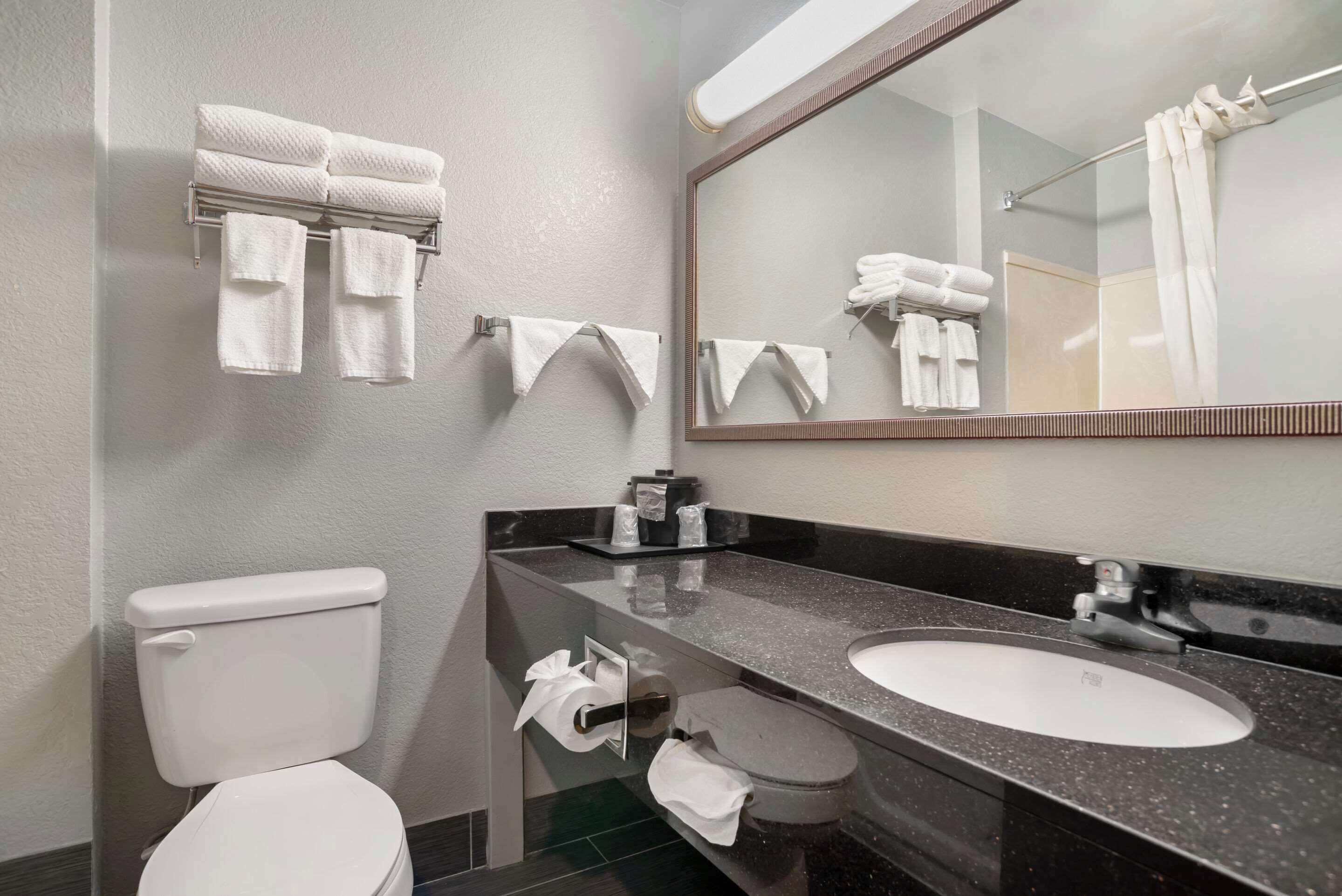 A bathroom with a toilet, sink, and towel rack.