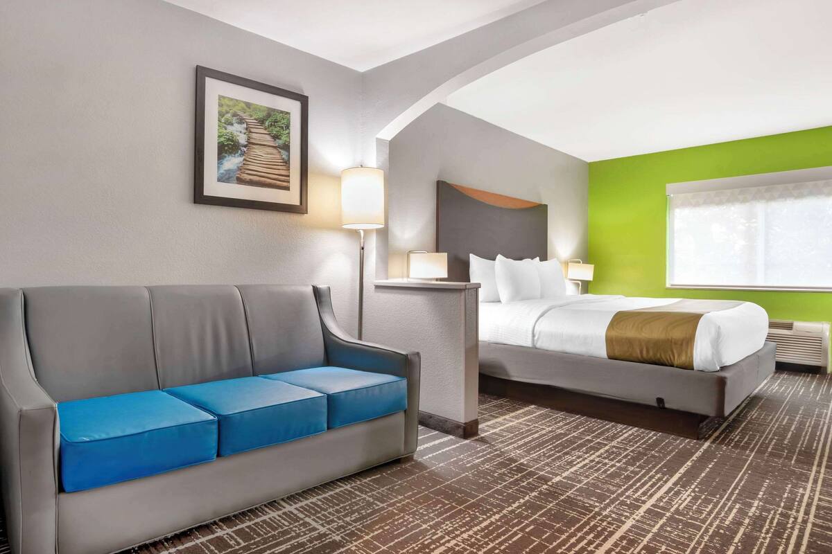 A hotel room with a grey sofa, a bed with white bedding, a green accent wall, and a framed picture of a bridge.