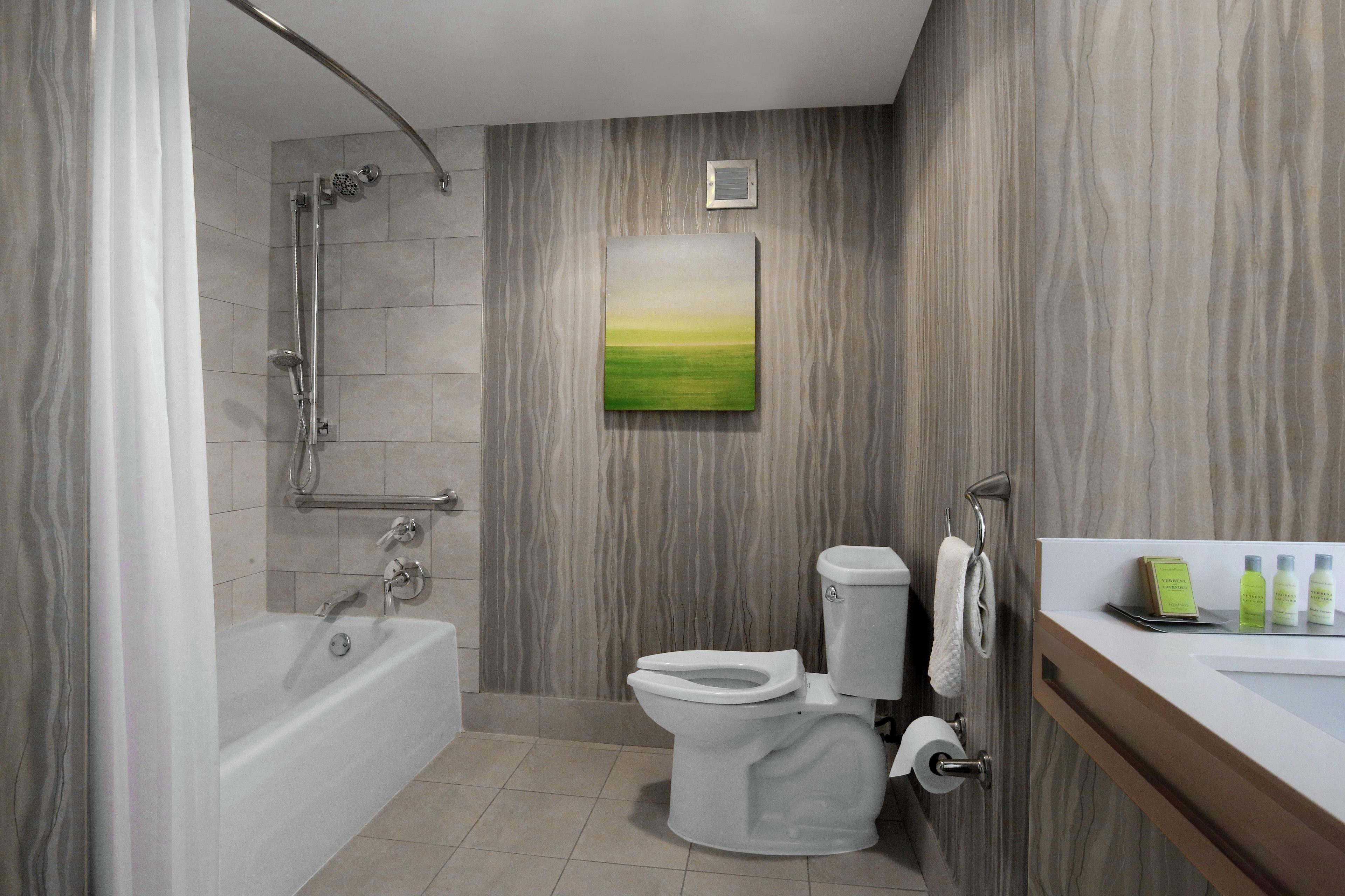 A modern bathroom with a bathtub, toilet, shower, and a painting on the wall.