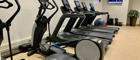 A row of stationary bikes and treadmills in a gym area with a TV on the wall and a potted plant.