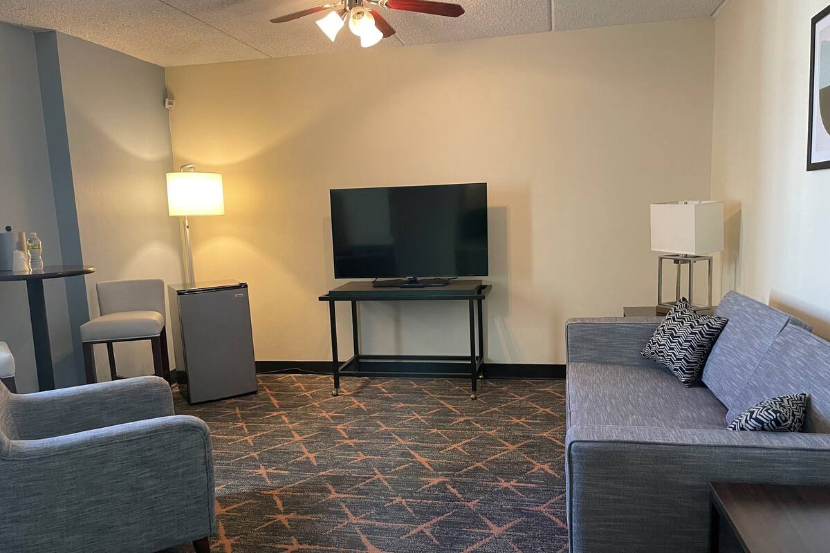 A hotel room with a grey sofa, a small table with a TV, a desk with a lamp, and a patterned carpet.