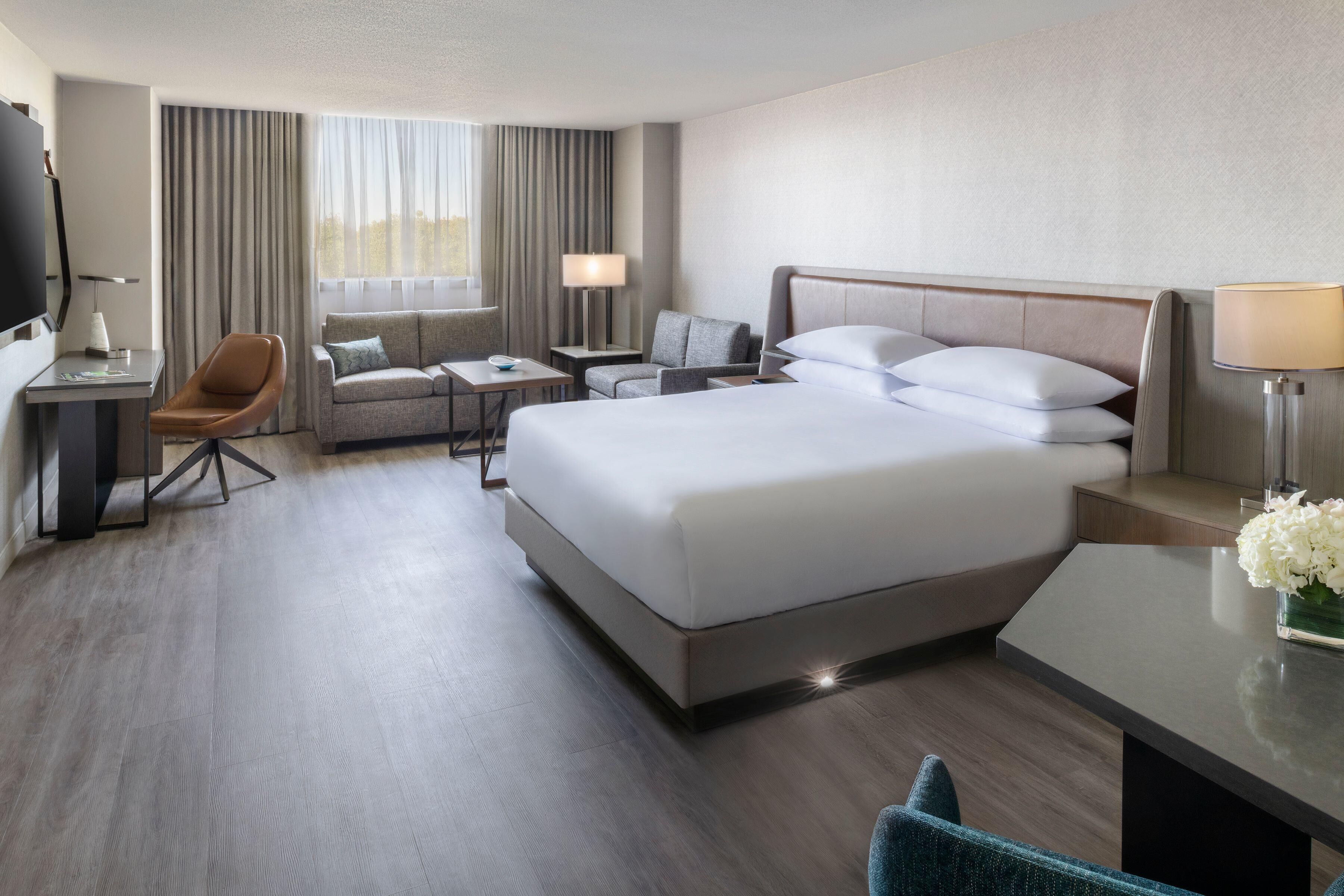 A hotel room with a large bed, a desk, a chair, a sofa, and a TV.