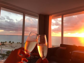 Hotel room view looking out at B Ocean Resort Fort Lauderdale Beach