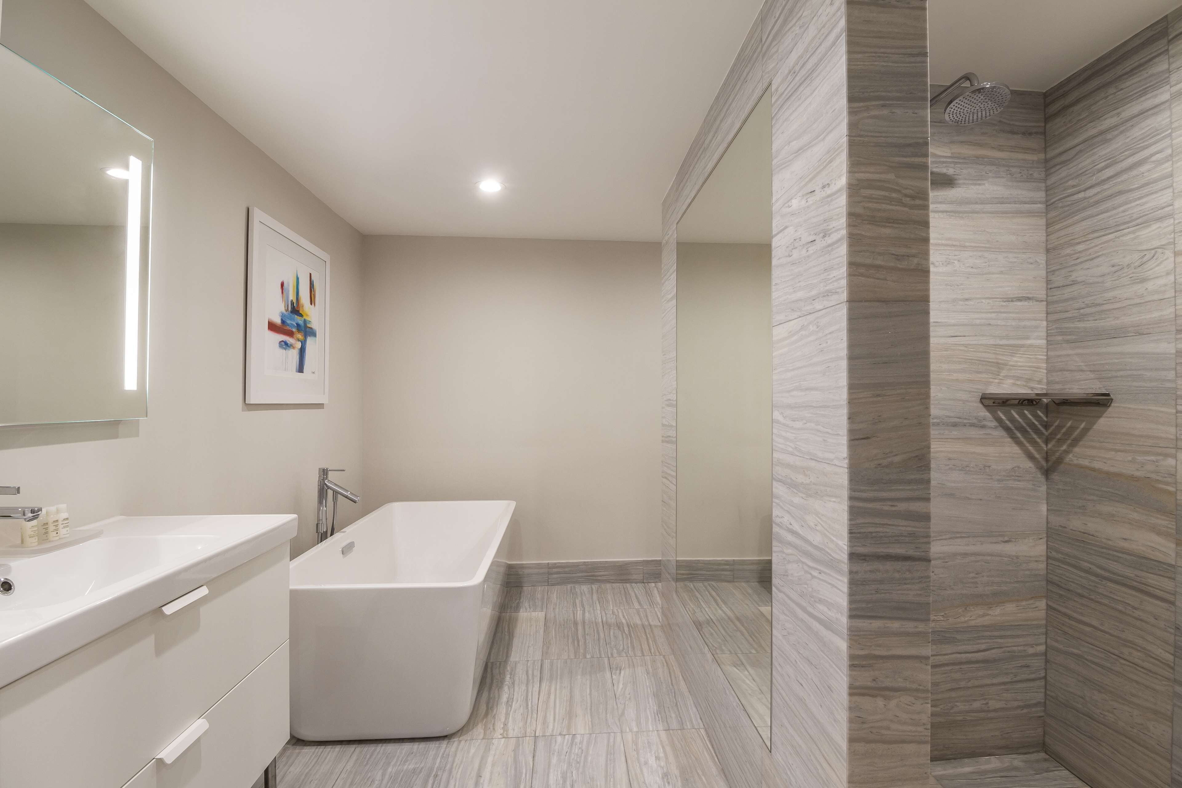 A modern bathroom with a freestanding bathtub, a large mirror, and a shower with a unique wall-mounted showerhead.
