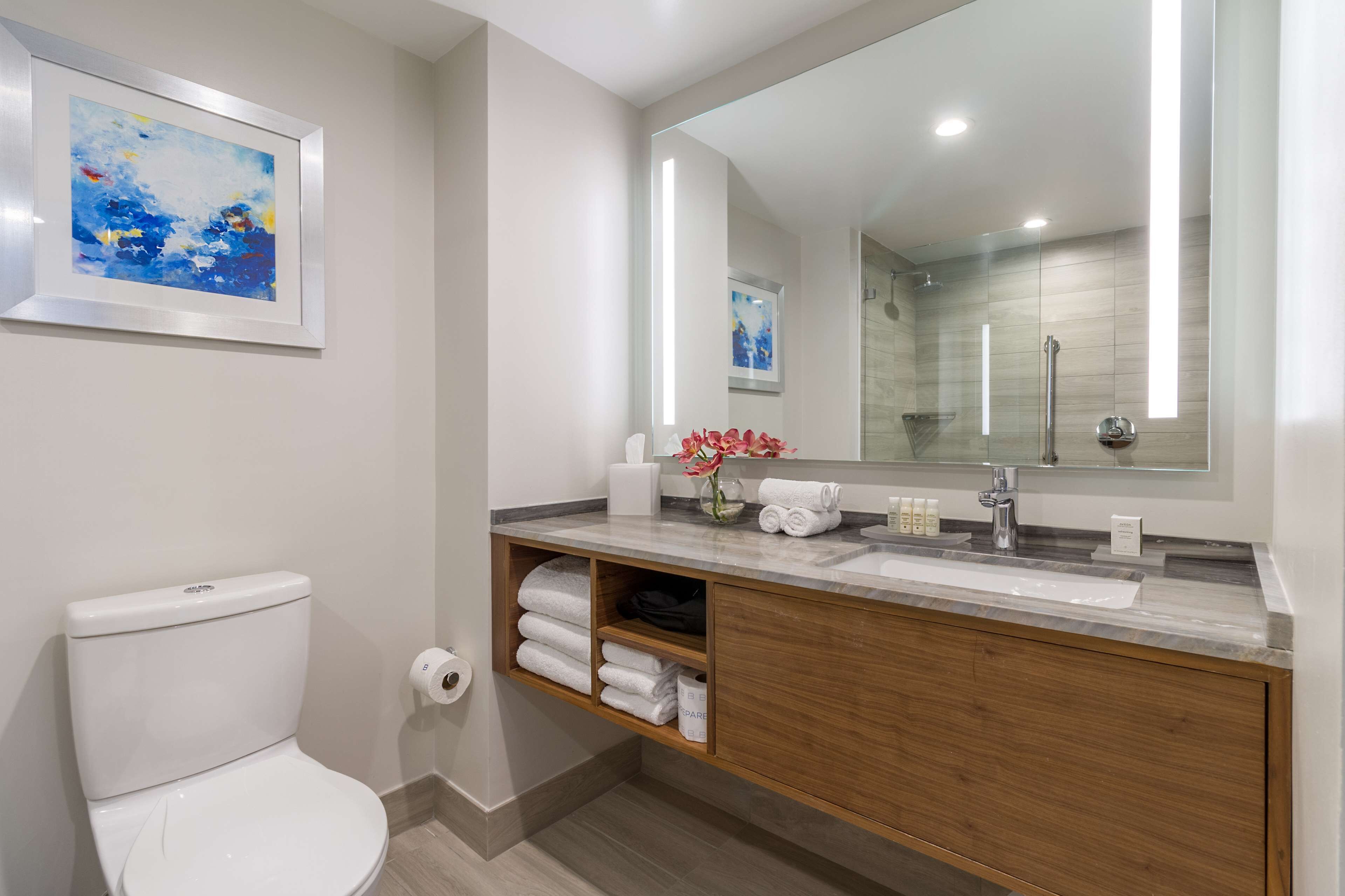 A modern bathroom with a toilet, vanity, and large mirror.