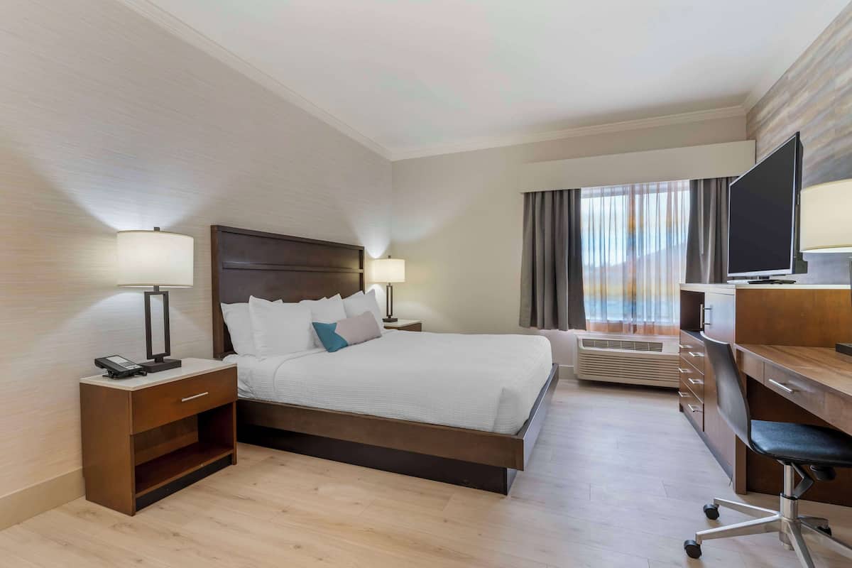 Ein Hotelzimmer mit einem Bett, Nachttischen mit Lampen, einem Schreibtisch mit Stuhl, einem Fernseher und einer Klimaanlage.