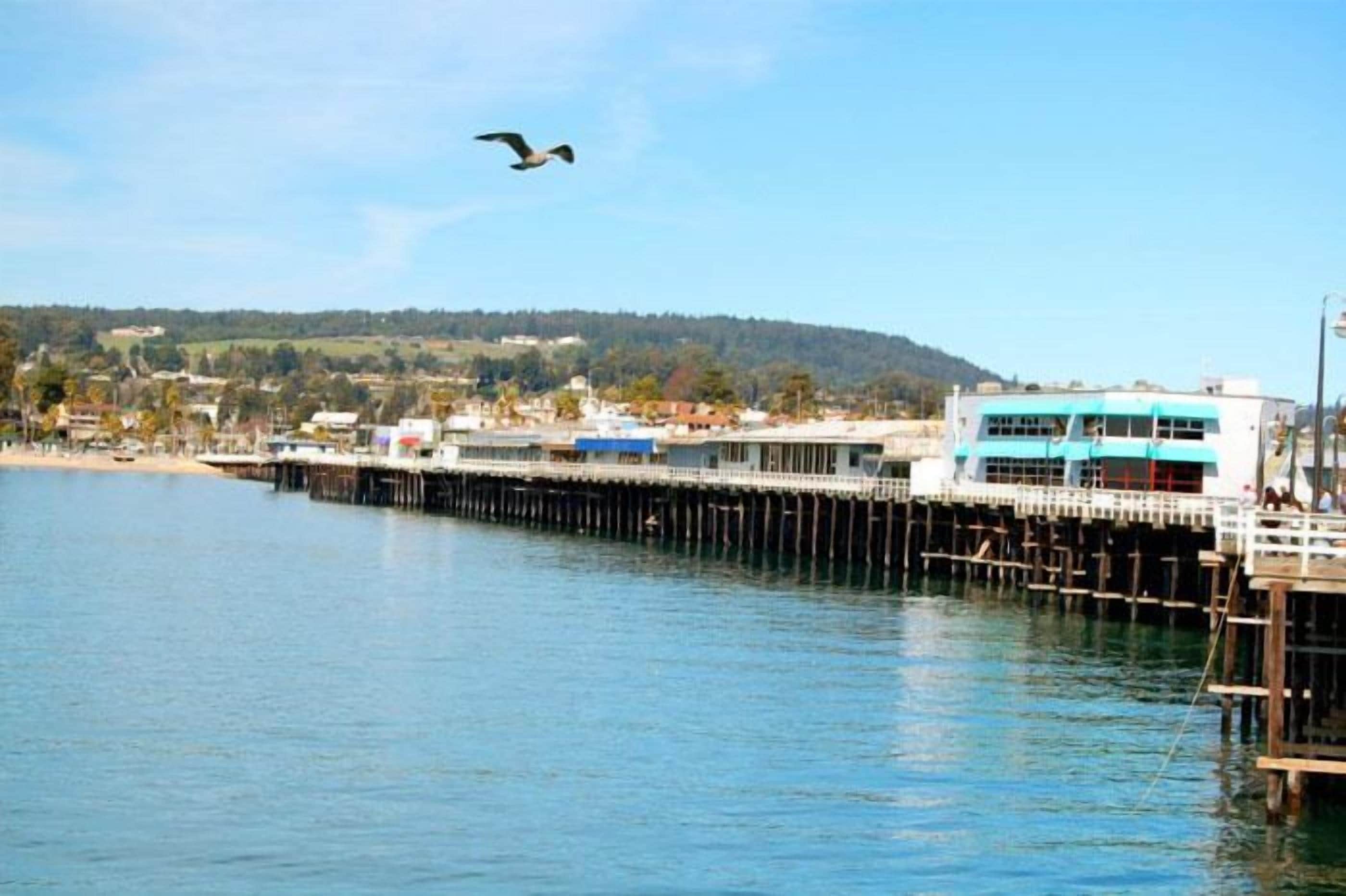 A waterfront property with a pier extending into the water, a building with a blue roof, and a backdrop of hills.