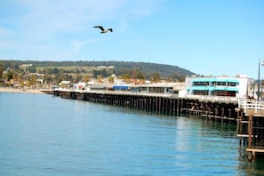 A waterfront property with a pier extending into the water, a building with a blue roof, and a backdrop of hills.