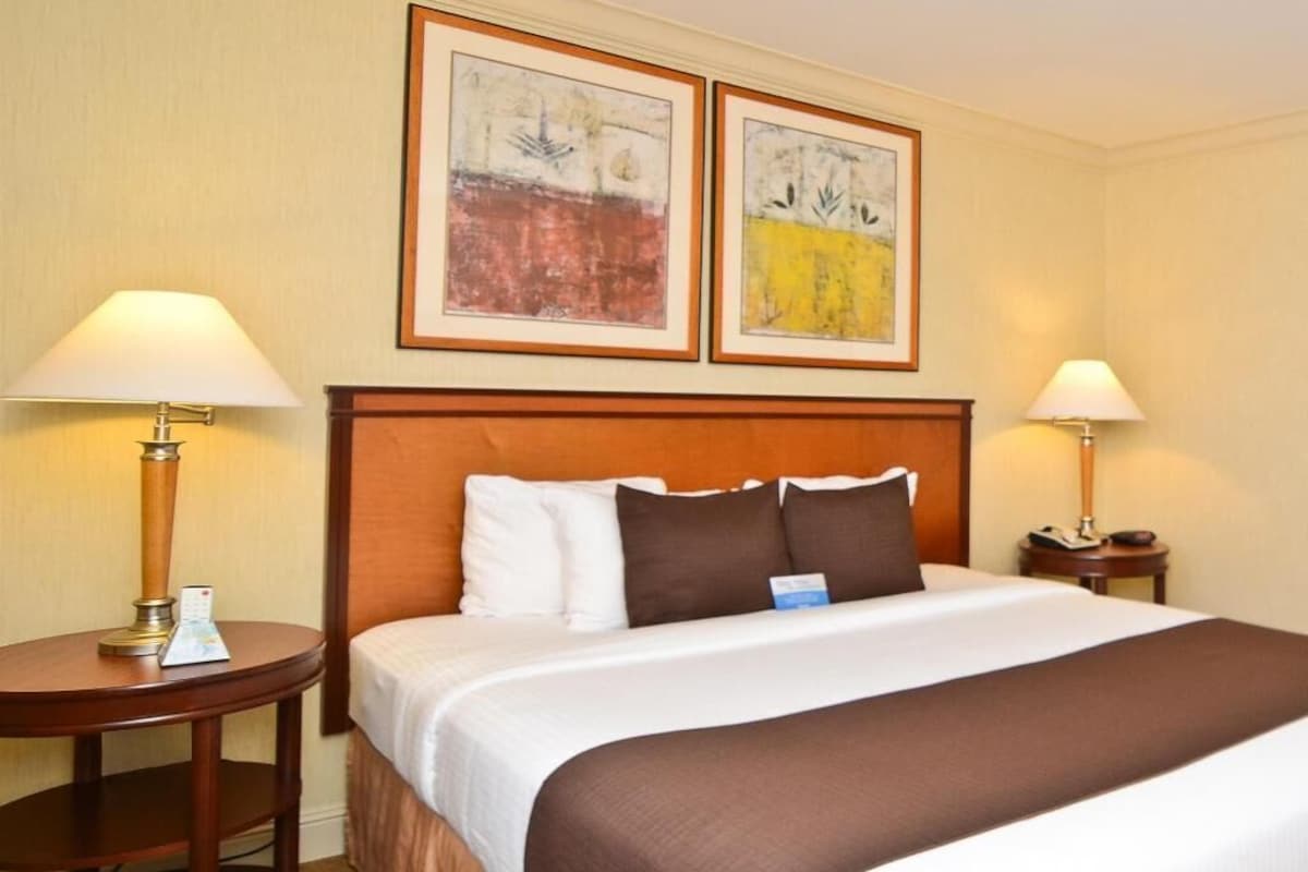 A hotel room with a large bed, two bedside tables, and two framed abstract paintings on the wall.