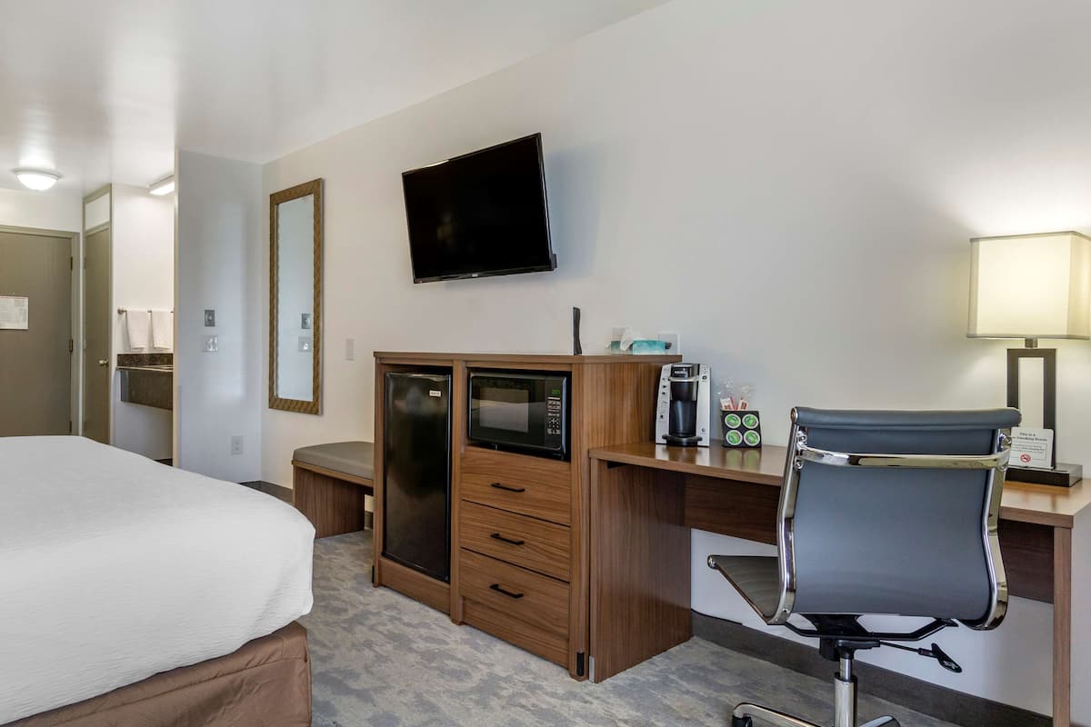 A hotel room with a bed, a desk with a chair, a television, a microwave, a coffee maker, and a mirror.