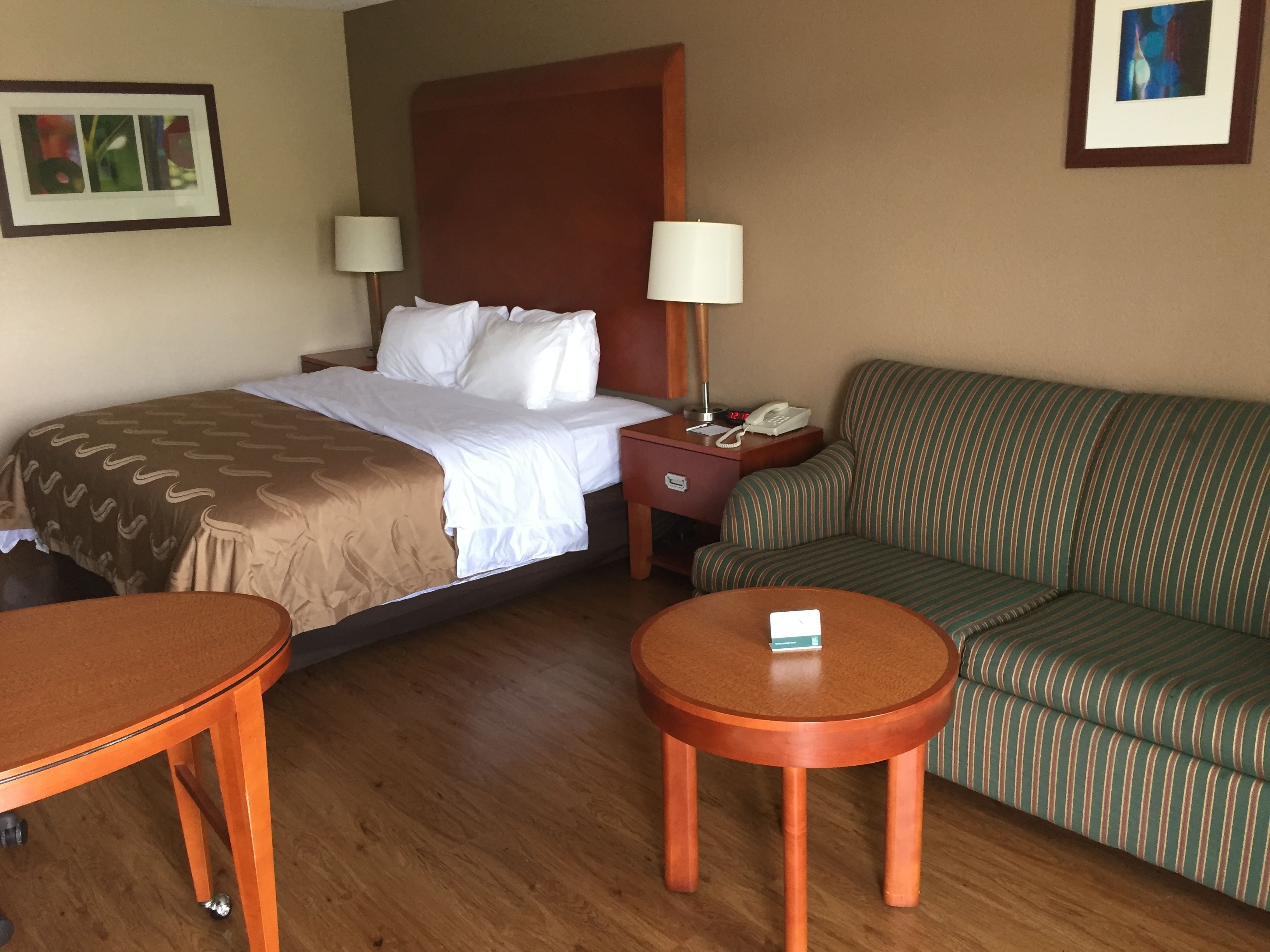 A hotel room with a bed, a sofa, a small table, and a nightstand with a lamp and phone.