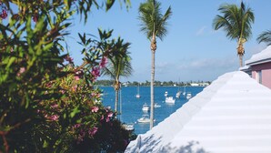 A coastal view with palm trees, boats, and a clear sky.
