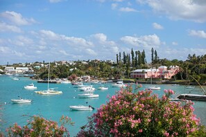 Un puerto deportivo con varias embarcaciones amarradas, rodeado de edificios residenciales y abundante vegetación.