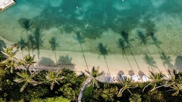 An aerial view of a beach with clear water, palm trees, and a dock.