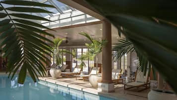 Indoor pool, outdoor pool, pool loungers