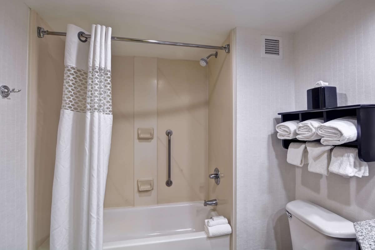 room, 1 queen bed, accessible, bay view (bathtub) | bathroom | combined shower/bathtub, hair dryer, towels, soap