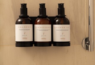 Three bottles of green tea hair care products on a wall.
